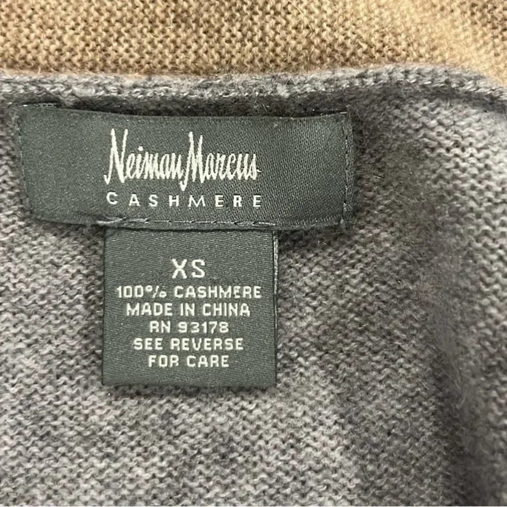 Neiman Marcus cashmere gray with tan trim open front cardigan XS